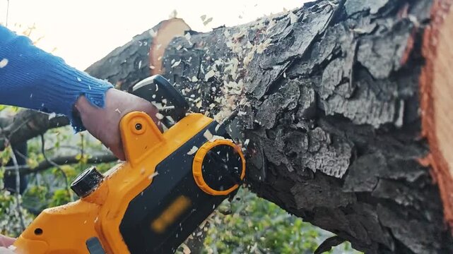Chainsaw cutting fallen tree in slow motion