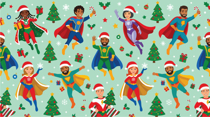 Fototapeta premium Diverse Superhero Characters Celebrating Festive Season in Seamless Pattern Illustration