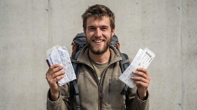 Excited young male adventurer clutching travel documents and flight ticket with rucksack on plain backdrop for voyage achievement holiday advertising and trip preparation theme  Excited young male
