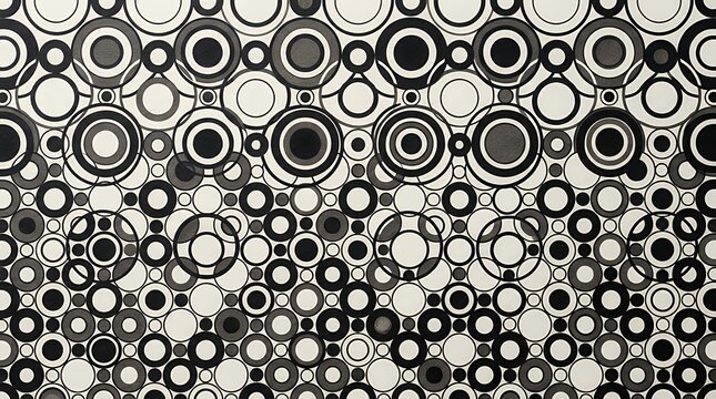 Contemporary geometric motif in monochrome featuring an interlocking grid of circular elements with varied diameters producing a dynamic rhythmic visual effect suitable for versatile creative