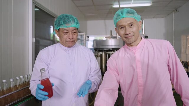 Professional Asian technician and inspector in uniform of food and drink factory holding a juice beverage bottle promoting healthy nutritional benefits in production line at manufacturing industry.