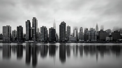 Fototapeta premium Generic city skyline panorama poster Black and white panoramic poster of the city skyline with misty background buildings and water reflection background Panoramic Poster City Skyline Black