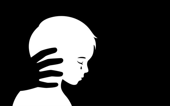 Vector illustration a crying child with a large shadow hand gripping the neck, symbolizing child abuse, domestic violence, emotional trauma, psychological abuse, fear, control, and intimidation