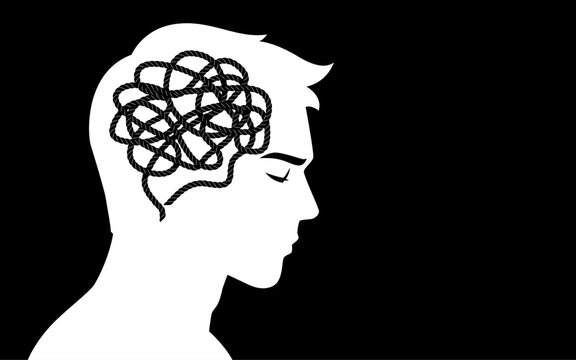 Man with tangled rope brain symbolizing anxiety, depression, mental health, overthinking and emotional stress concept illustration