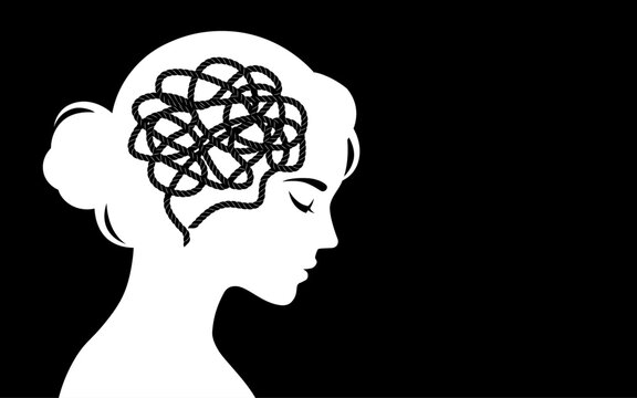 Woman with tangled rope brain symbolizing anxiety, depression, mental health, overthinking and emotional stress concept illustration