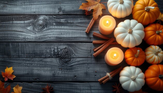 Autumn flat lay of white and orange pumpkins with candles on grey rustic wood