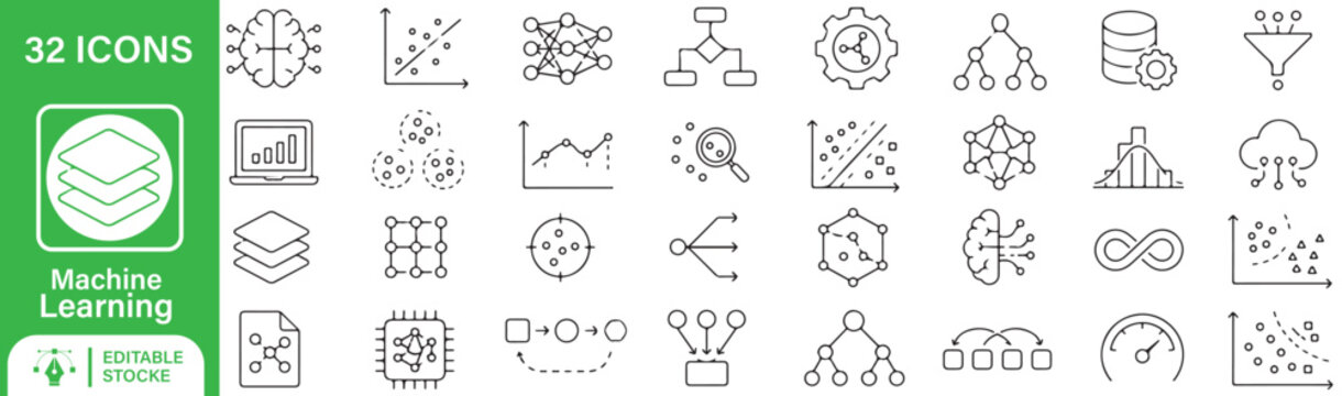 Machine Learning and Data Science Line Icons Set - 32 Editable Stroke Deep Learning, Artificial Intelligence, and Algorithm Vector Elements