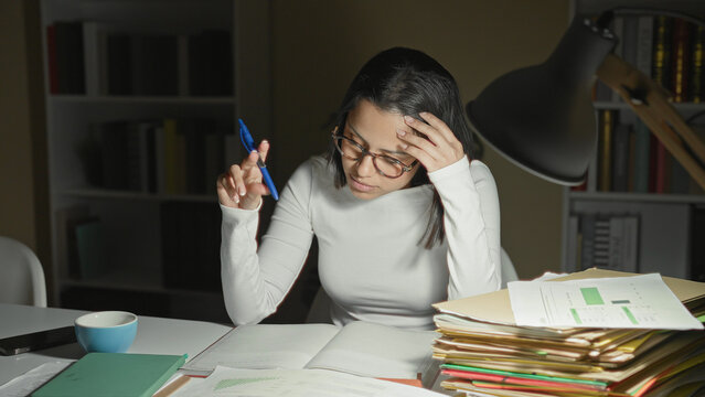 Woman twirling blue pen with hands over open books at desk at night in building; concentration perseverance.