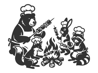 Forest animal chefs cooking barbecue over campfire in vector style