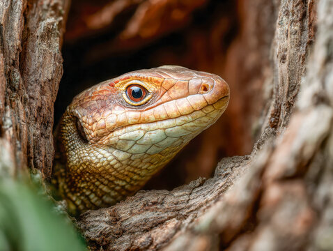 Detailed portrait of a lizard peeking out from between rough tree bark with warm natural colors and textured scales highlighting its eye and head features