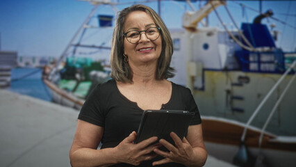 Hispanic woman holding tablet with hands, smiling and tilting head while standing on marina dock  contentment retirement. © Krakenimages.com