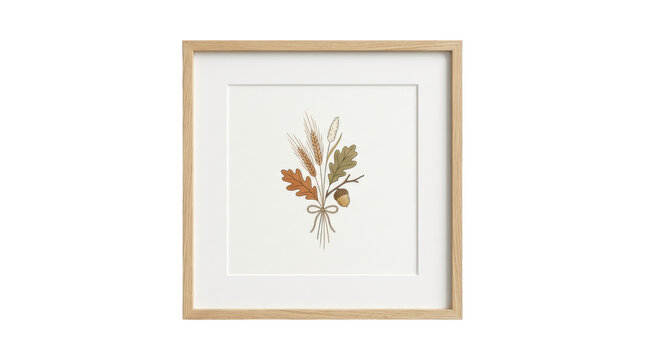 Minimalist autumn botanical bouquet illustration in a wooden frame isolated on transparent background