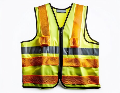 a bright yellow safety vest with reflective stripes and multiple pockets isolated on a white background