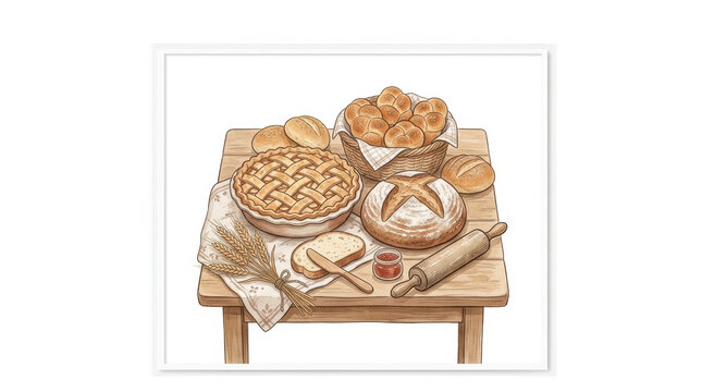 Rustic bakery scene with freshly baked bread, pie, and wheat stalks isolated on transparent background