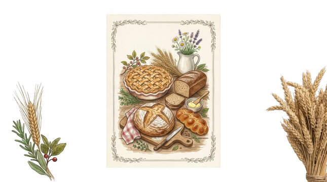 Watercolor illustration of a rustic bakery scene with bread, pie, and flowers isolated on transparent background