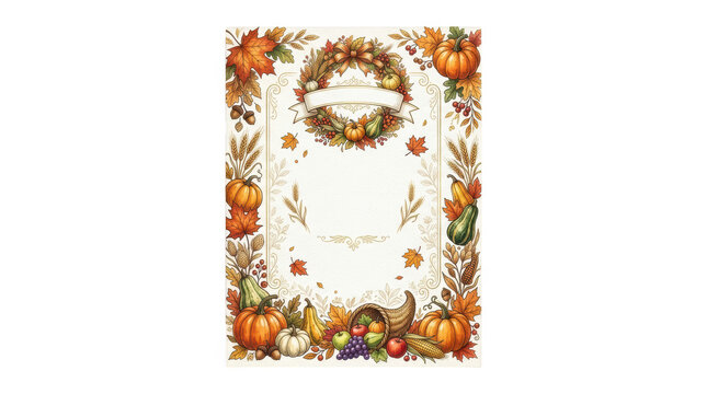 Autumn harvest festive border with pumpkins, cornucopia, and fall leaves isolated on transparent background
