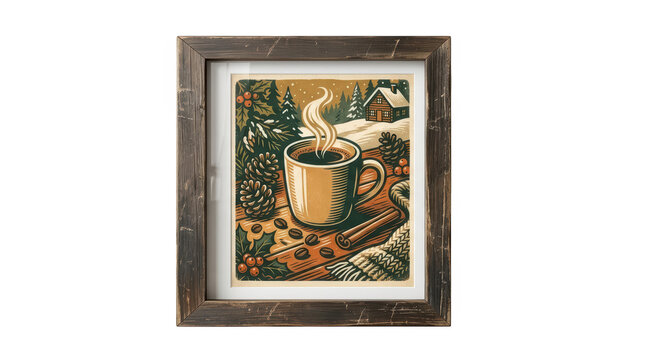 Framed winter coffee illustration with pine cones and cinnamon isolated on transparent background