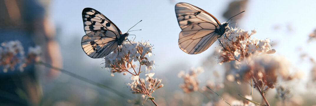 Delicate black and white butterflies resting on blooming white flowers.