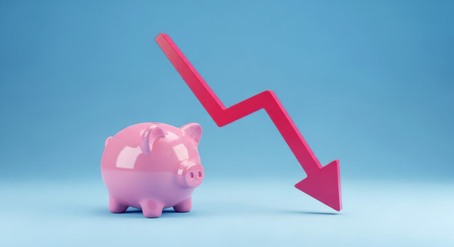 Pink piggy bank standing beside a red downward arrow symbolizing financial loss and savings decline