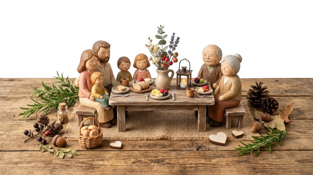 Willow tree family figurine set featuring grandparents and children having a meal at a rustic wooden table with autumn decorations isolated on transparent background
