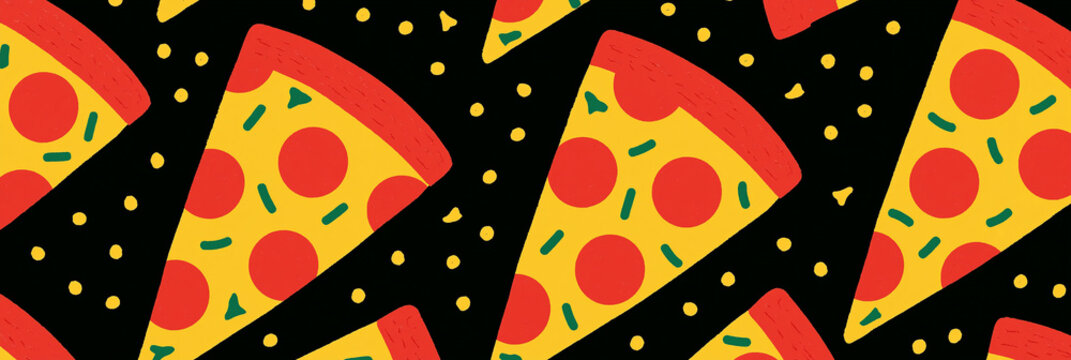 Colorful pizza pattern with pepperoni and green toppings on a black background.