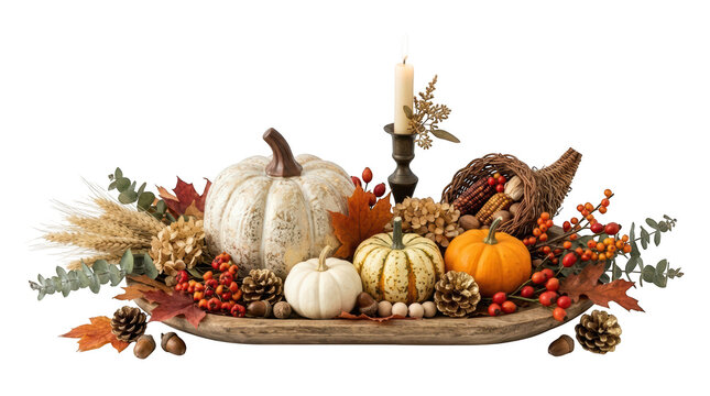Autumn centerpiece with pumpkins, cornucopia, and candles isolated on transparent background