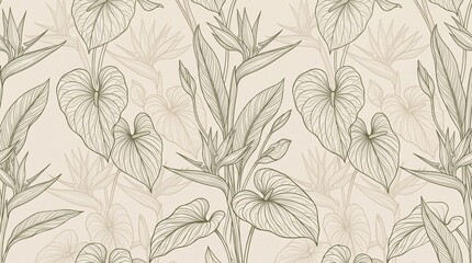 Fototapeta premium Seamless vintage tropical botanical pattern with line art bird of paradise and anthurium leaves