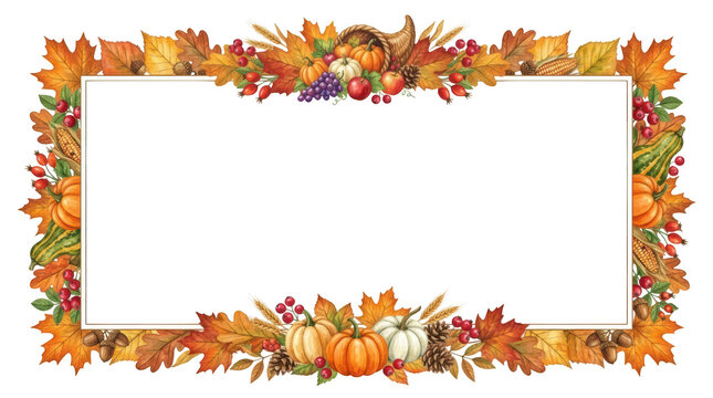 Autumn harvest border frame with pumpkins, corn, leaves, and berries isolated on transparent background