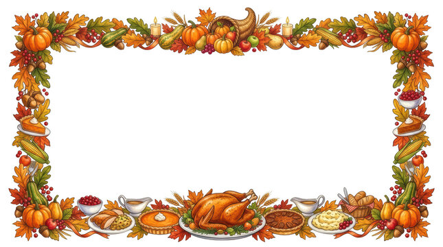 Thanksgiving border with turkey, pumpkin pie, corn, and autumn leaves isolated on transparent background