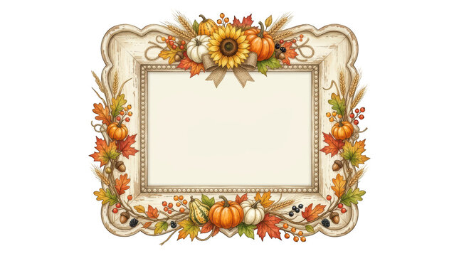 Autumn harvest decorative frame with pumpkins, sunflowers, and fall leaves isolated on transparent background