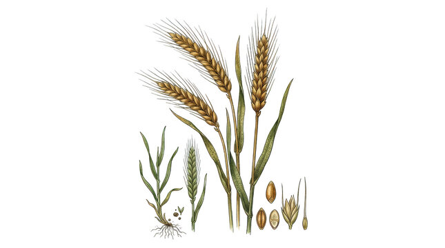 Botanical illustration of wheat plant with ears, leaves, roots, and grains isolated on transparent background