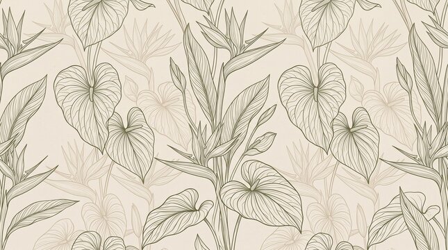 Seamless vintage tropical botanical pattern with line art bird of paradise and anthurium leaves