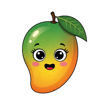 Cheerful green and yellow mango fruit character with cute face.