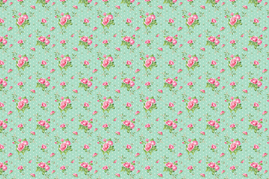 Vintage rose floral pattern on green background wallpaper with wallpaper