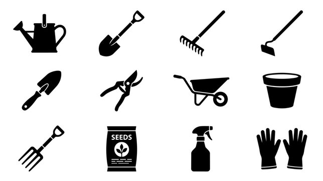 Gardening Tools Silhouette Clipart Set Black Garden Vector Icons Isolated on White Background