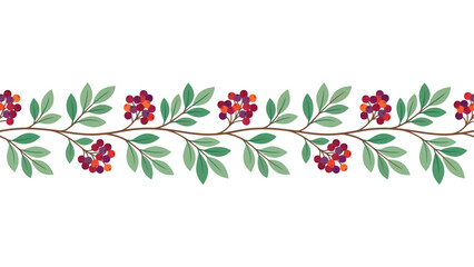 Autumn berry branch border. Seamless floral pattern with leaves and red berries. © Mahraz