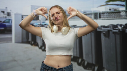Fototapeta premium Woman with headphones gives thumbs down showing bare midriff on street by trash bins; disapproval frustration.