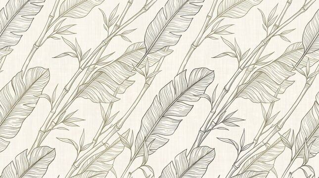 Elegant seamless pattern of hand drawn banana leaves and bamboo on linen background
