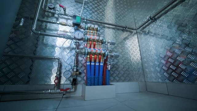 Close-up of a complex underfloor heating distribution manifold with PEX pipes and pressure gauges in a modern boiler room