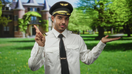 Pilot man in white shirt and black tie wearing captain hat with palms up gesture by epaulettes standing before a brick building entrance  confidence professionalism. © Krakenimages.com