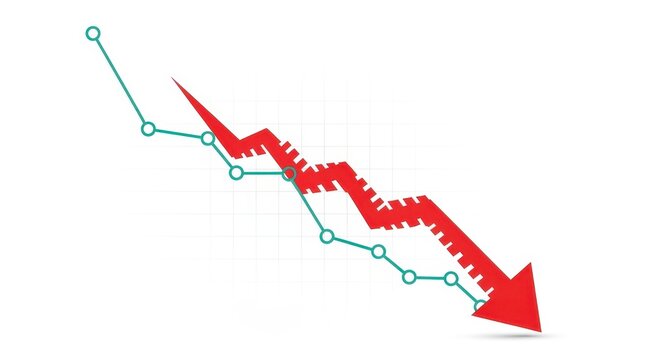 Red arrow showing financial decline over a teal line graph on a white background