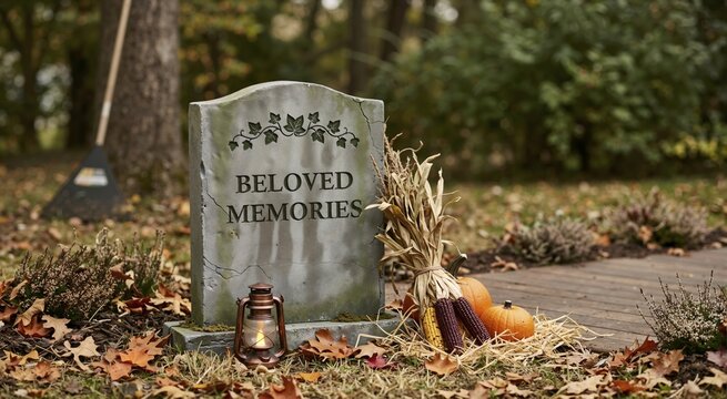 Grave with tombstone prop for Halloween. Beloved memories memorial decoration. Autumn yard display