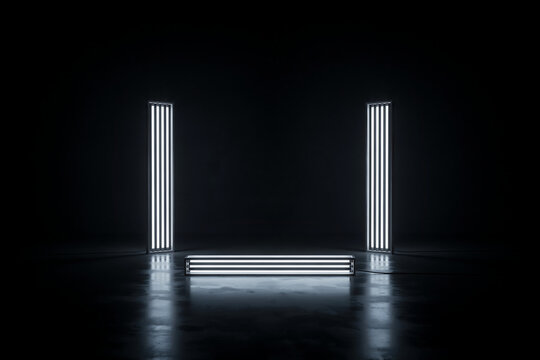 Illuminated rectangular platforms and columns in a dark reflective studio setting platform