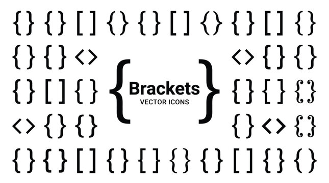 A collection of black vector bracket icons showing various mathematical and programming syntax punctuation marks