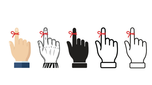 Set of five vector illustration hands featuring a red string tied around the index finger