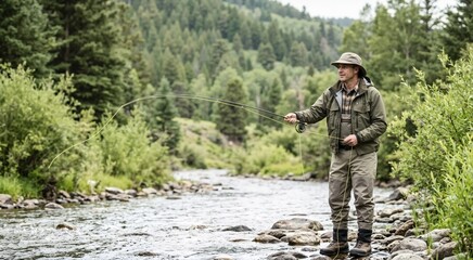 Naklejka premium Fly fishing in a mountain stream. Angler casting rod in river. Hobby and outdoor recreation concept