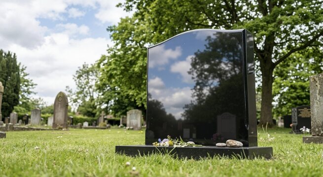 Polished black marble headstone reflecting trees and sky in a cemetery. Blank gravestone with flowers and stones at the base. Copy space for memorial text