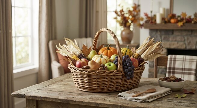 Fall harvest basket with pumpkins and fruits. Thanksgiving seasonal decor