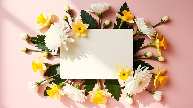 Floral arrangement with blank card spring bloom on pastel pink