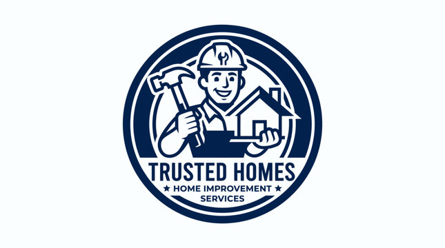 Professional Home Improvement and Renovation Services Logo Design Featuring a Builder Holding a Hammer and House Model